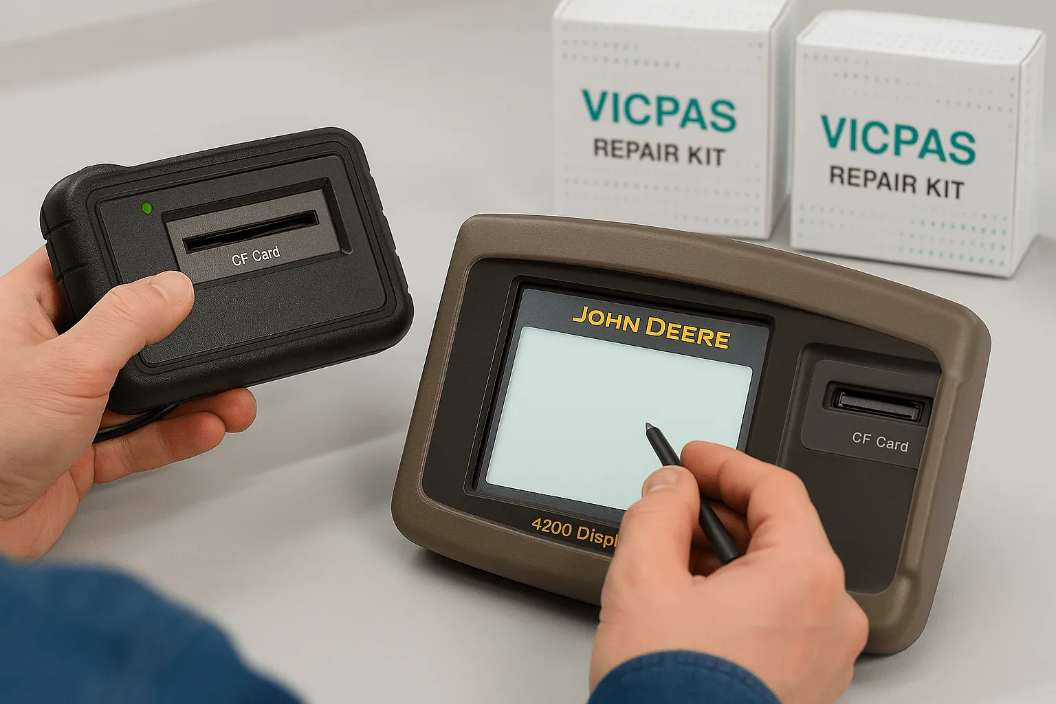 Technician inspecting John Deere 4200 Display