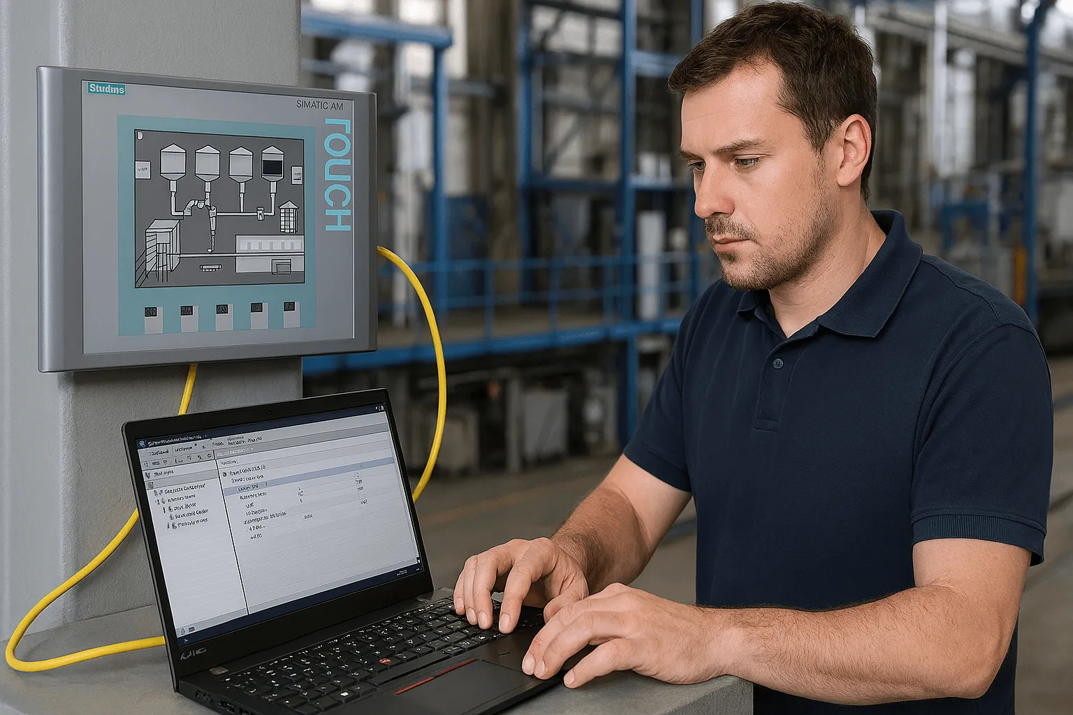 Technician troubleshooting Siemens KTP600 HMI panel
