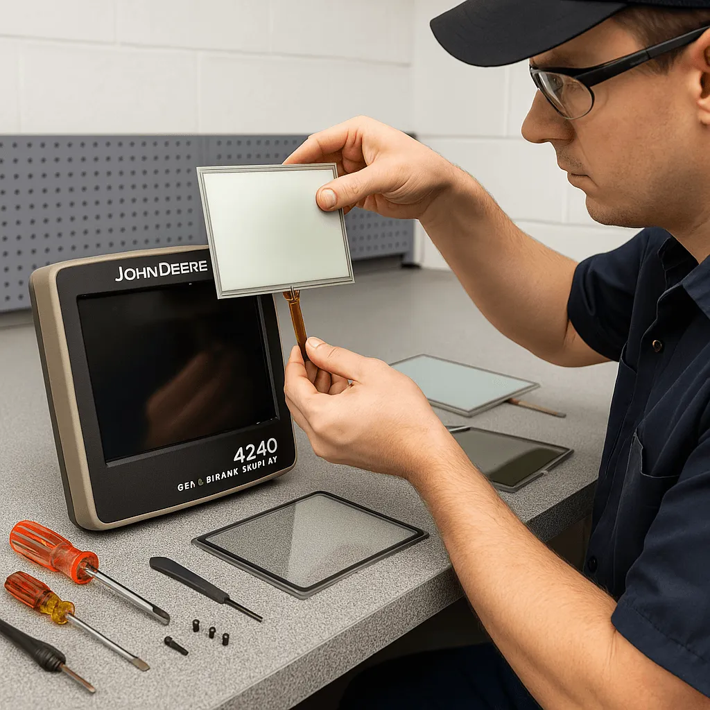 Technician installing a new touchscreen on John Deere 4240 Display