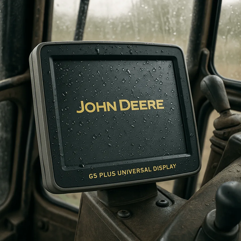 John Deere G5 Plus Universal Display in tractor cab showing field map