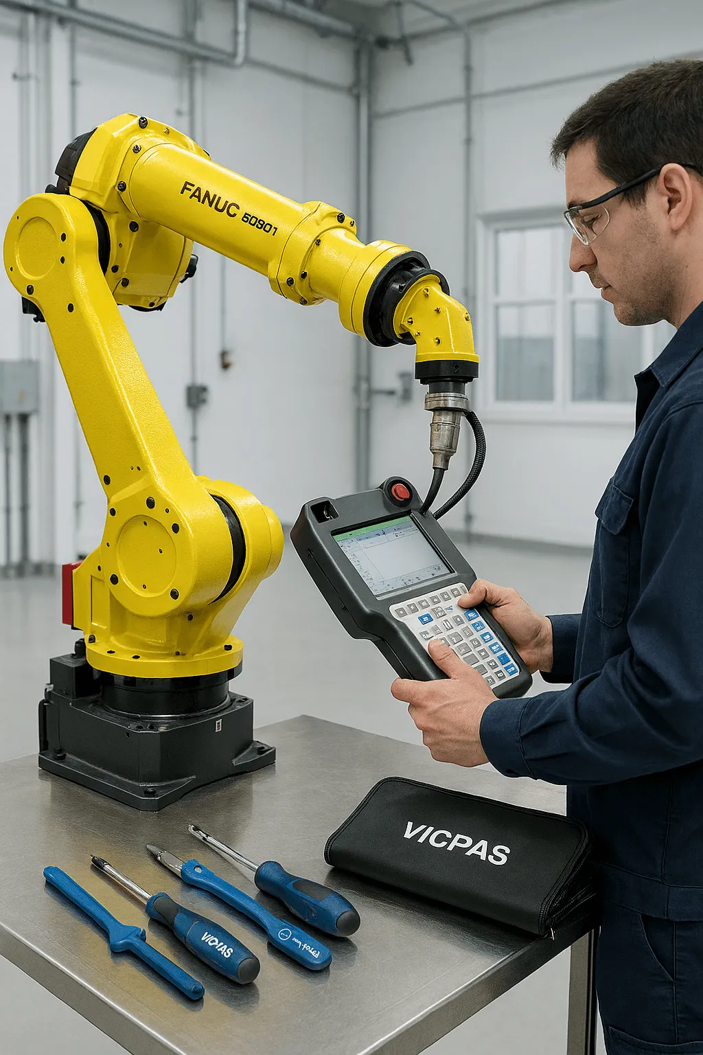 Technician performing maintenance on FANUC robot with Teach Pendant