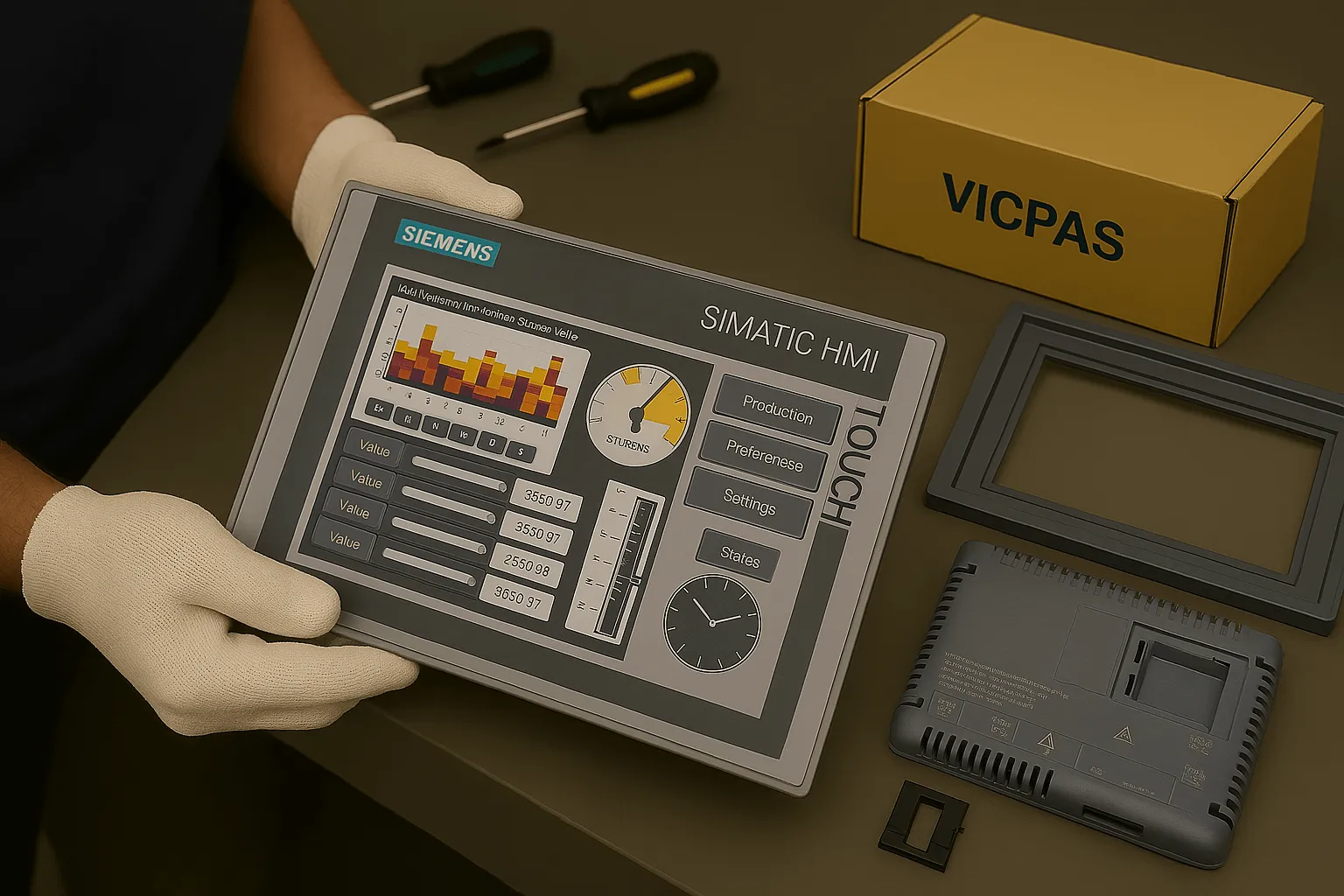 Technician replacing Siemens TP900 Comfort touch panel