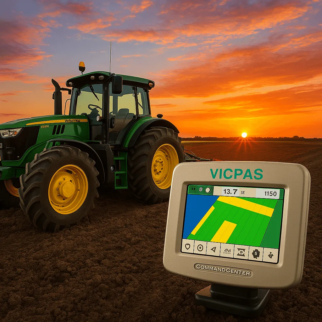 John Deere tractor with 4200 Display at sunset