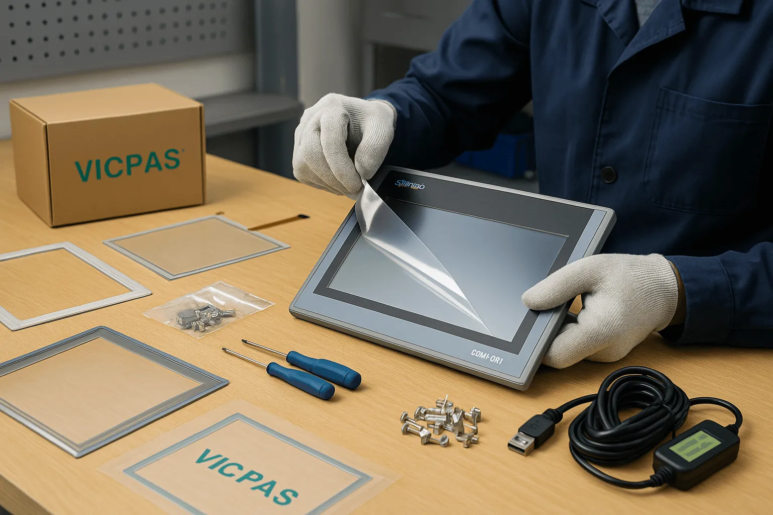 Technician installing Kernfix protective film on TP1500 Comfort Panel