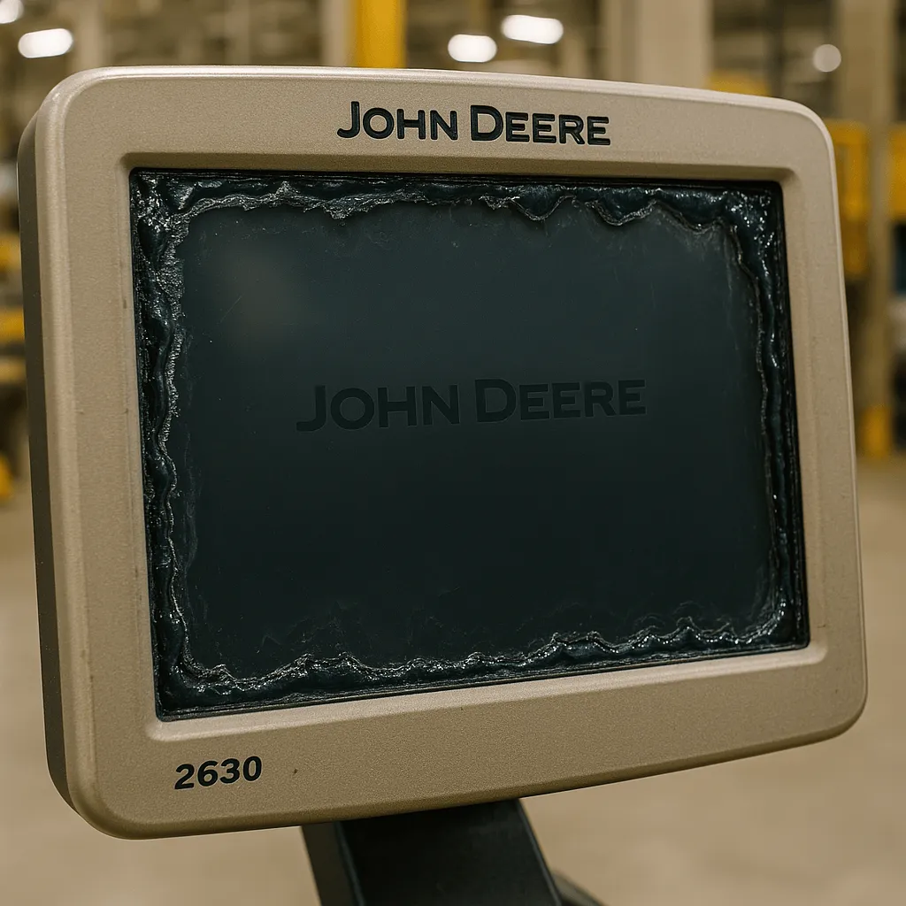 Close-up of a John Deere 2630 touchscreen with gel leakage