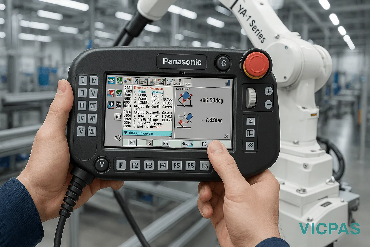 Panasonic G3 Teach Pendant connected to a robotic arm in a factory with Kernfix logo