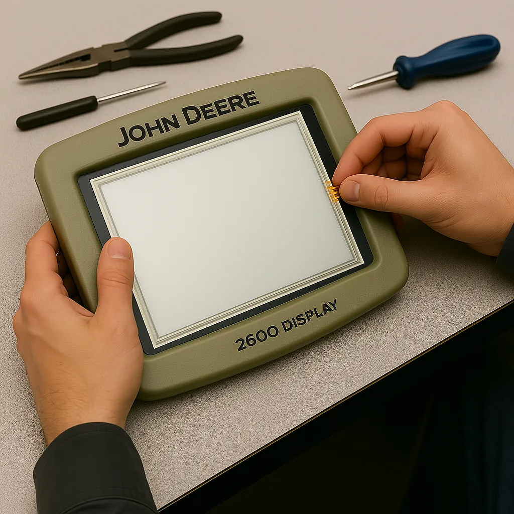 Technician installing a new touchscreen panel on a John Deere 2600 display
