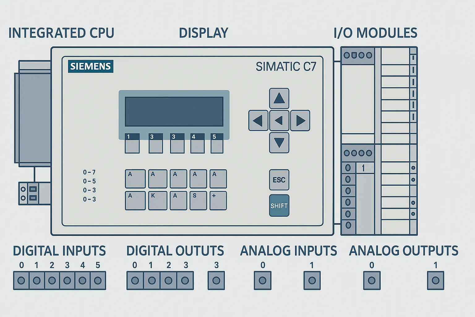 Siemens C7-613 control system diagram showing CPU, display panel, and I/O modules
