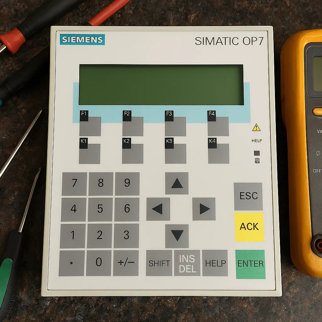 Siemens OP7 operator panel on industrial workbench with troubleshooting tools and multimeter