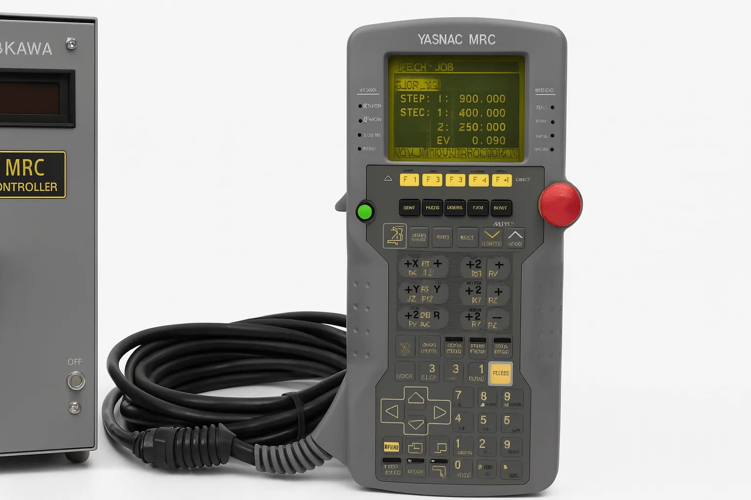 Yaskawa MRC Teach Pendant connected to MRC controller, showing job programming interface
