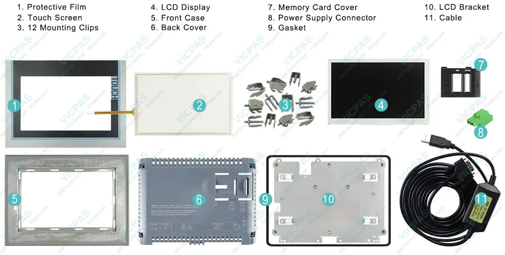 Siemens SIPLUS HMI TP700 COMFORT Touchscreen Glass, Overlay, Enclosure, Mounting Clips, Power Supply Connector, Case Gasket, LCD Bracket, Screws, Cable and LCD Display Repair Replacement