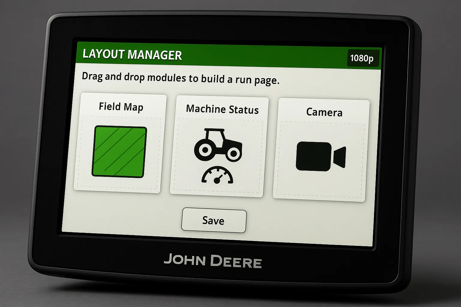 John Deere G5 Plus Layout Manager interface with customizable run pages